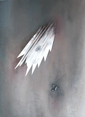 "Phönix in Asche", 2001 Raum, Holz, Acryl, Aquarell, Sand, Holzkohle und Gesso auf Holz, 80x140
