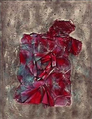 "Symbolische Frau",  gefaltetes Papier, Acryl, Aquarell, Sand und Gesso auf Holz,  68x100